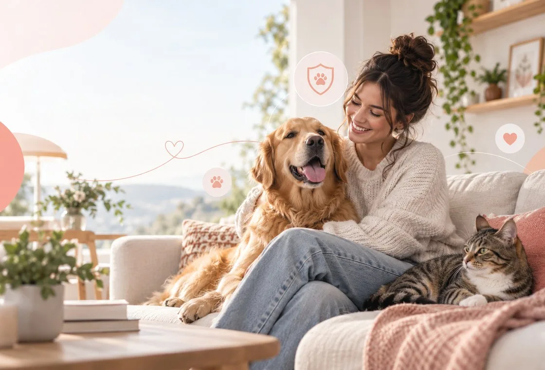 Owner relaxing on a sofa with a dog and a cat